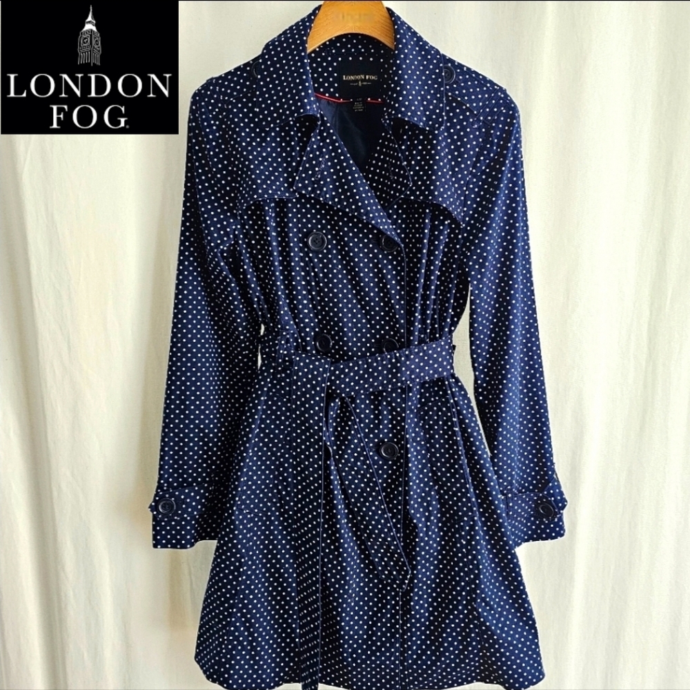 London Fog Navy Blue Polka Dot Belted Trench Coat